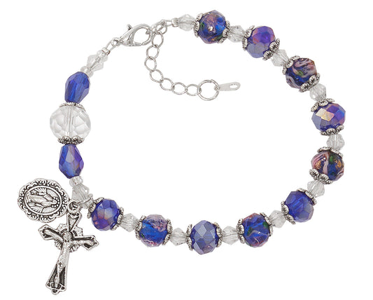 Adjustable Blue Flower and Crystal Beads Rosary Bracelet