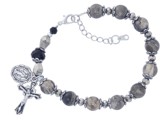 Adjustable Picasso Stone & Black Crystal Beads Rosary Bracelet