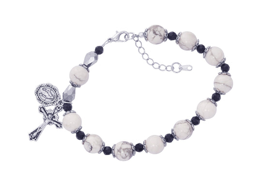 Adjustable White Howolite & Black Crystal Beads Rosary Bracelet