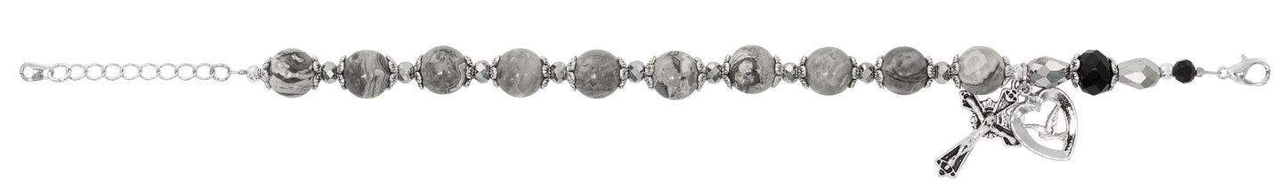 Adjustable Picasso Stone & Black Crystal Beads Holy Spirit Rosary Bracelet