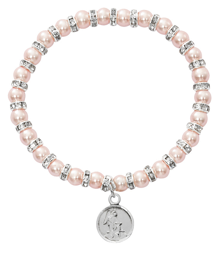 5 1/2in Pink Pearl Guardian Angel Pewter Stretch Bracelet