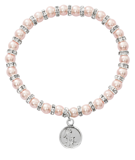 5 1/2in Pink Pearl Guardian Angel Pewter Stretch Bracelet