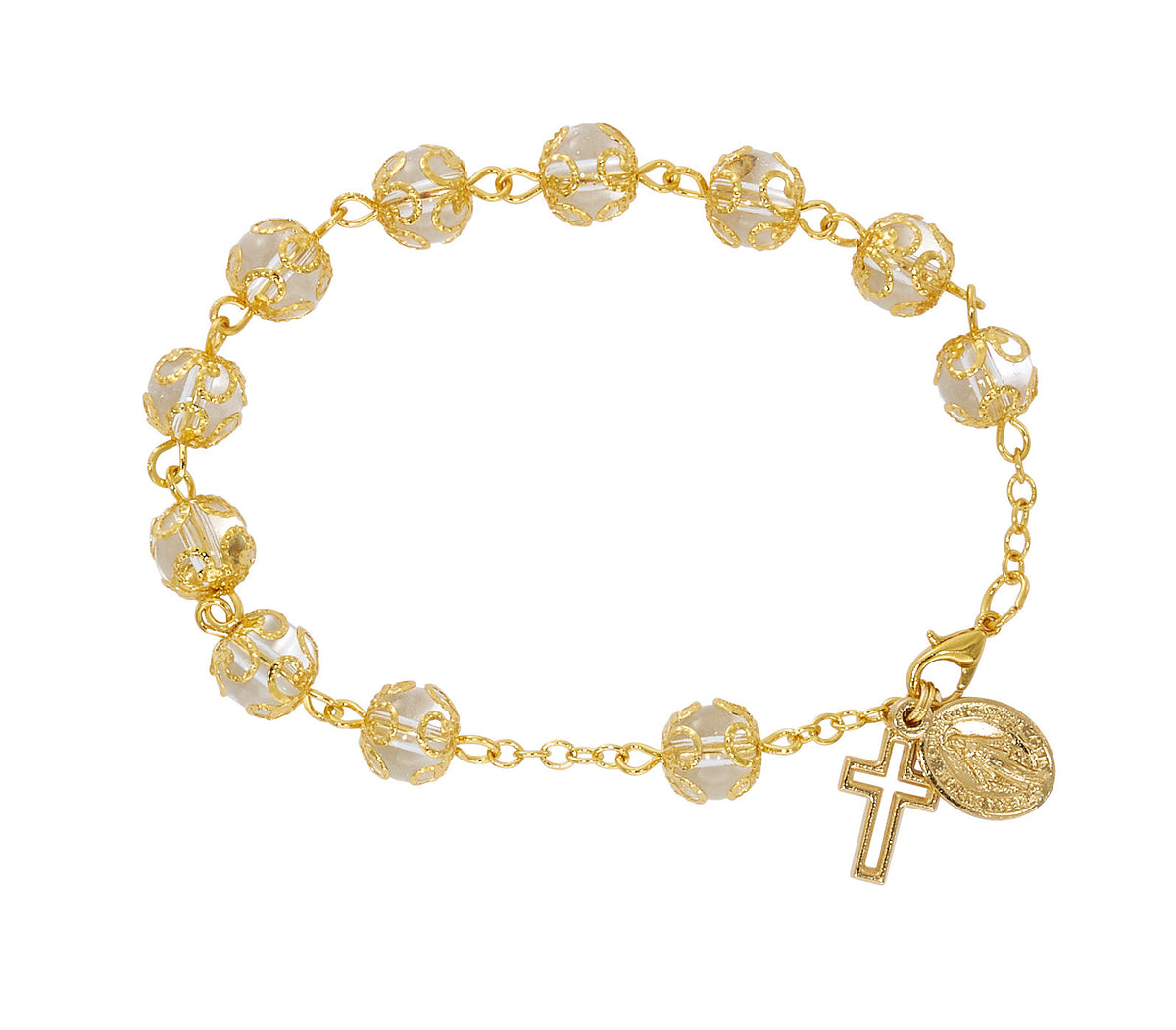 7.5in Double Capped Gold Crystal Cross & Miraculous Bracelet