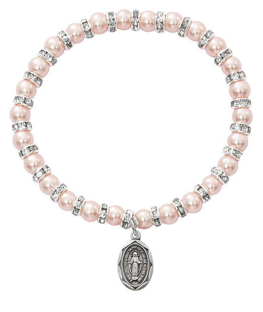 5 1/2in Pink Pearl Miraculous Medal Pewter Stretch Bracelet