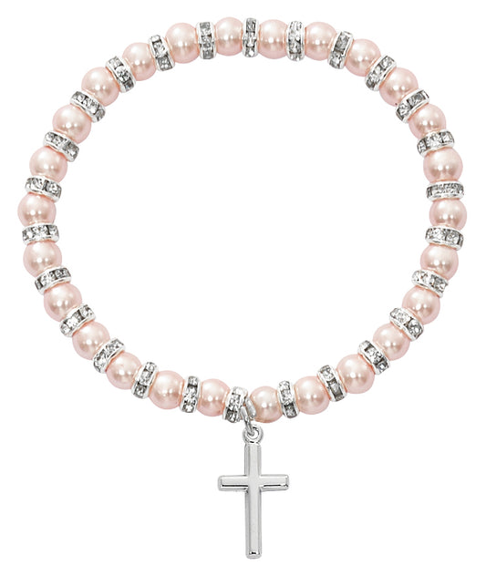 5 1/2in Pink Pearl Simple Cross Pewter Baby Stretch Bracelet