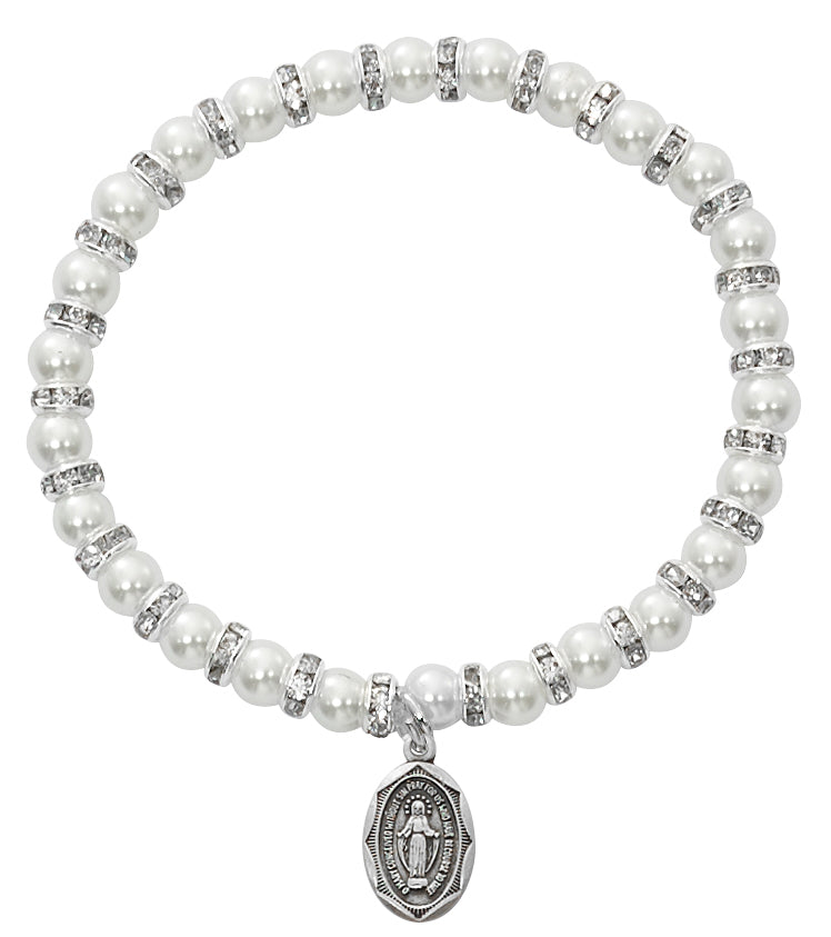 5 1/2in Pearl Miraculous Medal Pewter Baby Stretch Bracelet