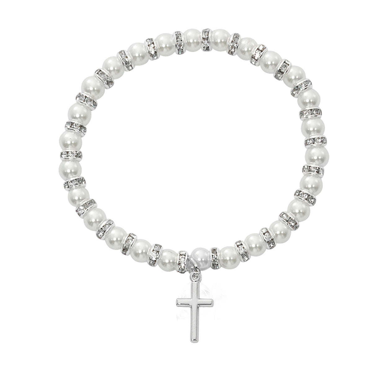 5 1/2in Pearl Simple Cross Pewter Baby Stretch Bracelet