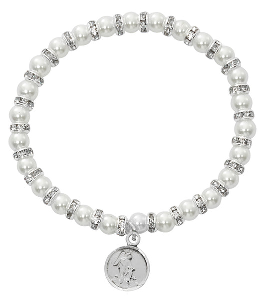 5 1/2in Pearl Guardian Angel Pewter Baby Stretch Bracelet