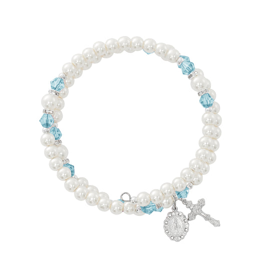 March Aqua Crystal and Pearl Beads Wrap Bracelet