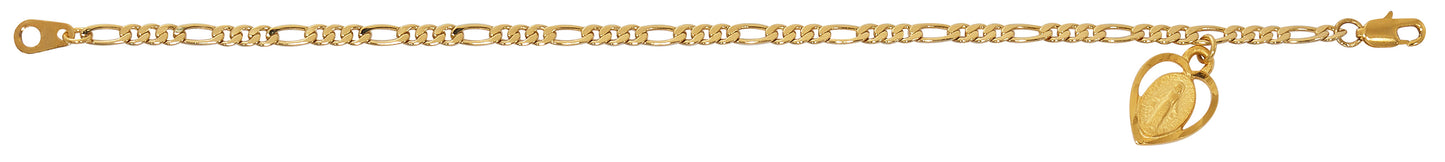7.5in Gold Tone Figaro Miraculous Heart Bracelet