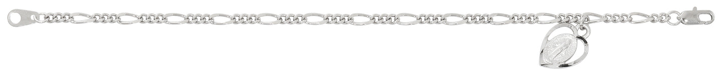7.5in Rhodium Plated Figaro Miraculous Heart Bracelet