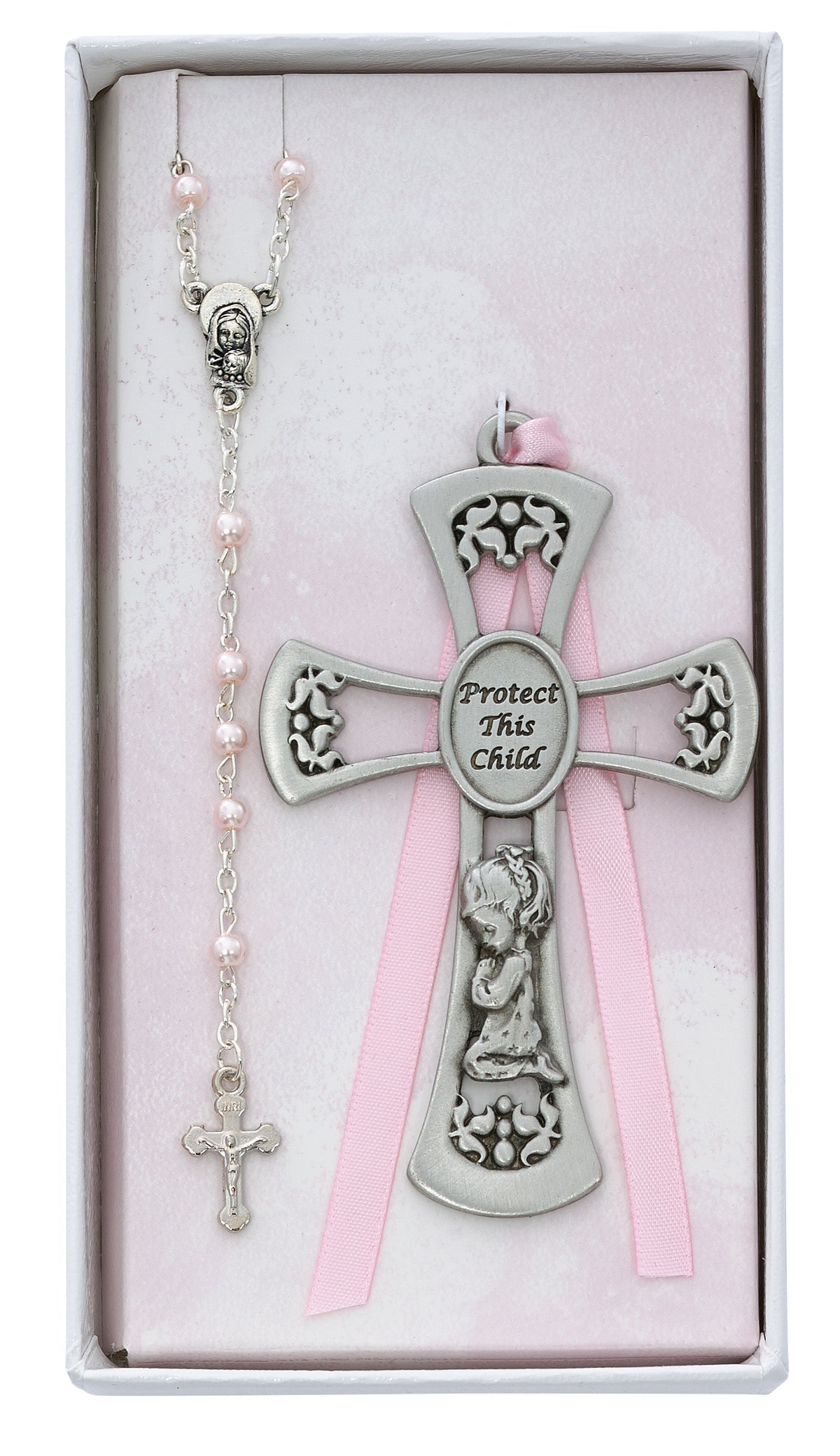 Praying Child Pewter Girls Crib Cross & Rosary Gift Set