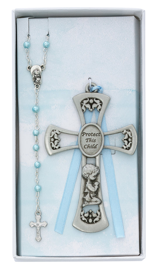 Praying Child Pewter Boys Crib Cross & Rosary Gift Set