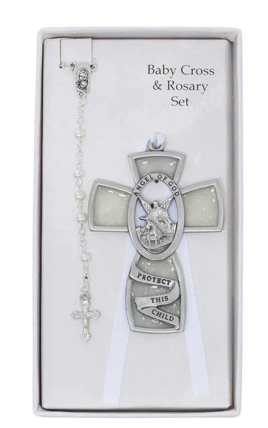 Guardian Angel Pewter Unisex Crib Cross & Rosary Gift Set