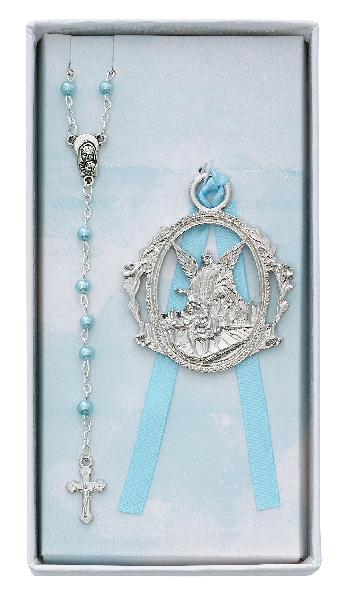Guardian Angel Pewter Boys Crib Medal & Rosary Gift Set