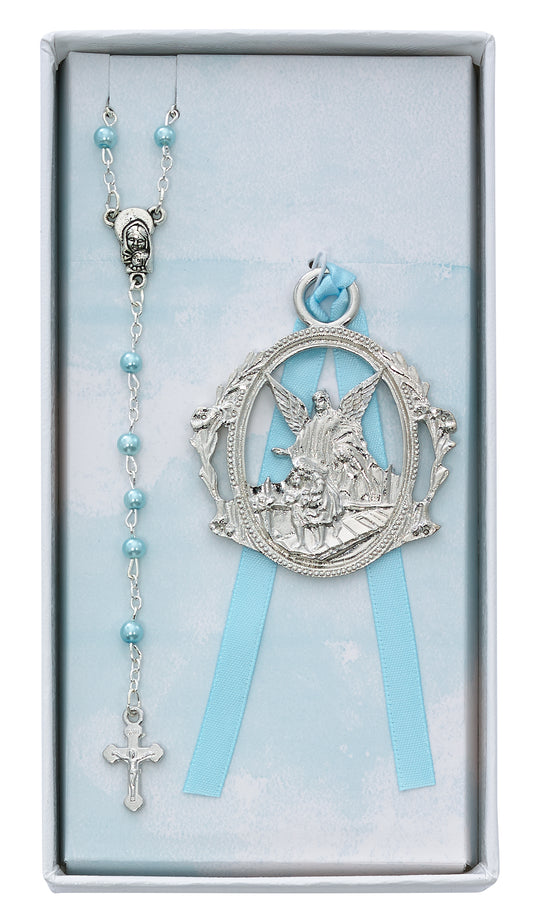 Guardian Angel Pewter Boys Crib Medal & Rosary Gift Set