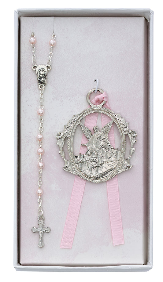 Guardian Angel Pewter Girls Crib Medal & Rosary Gift Set