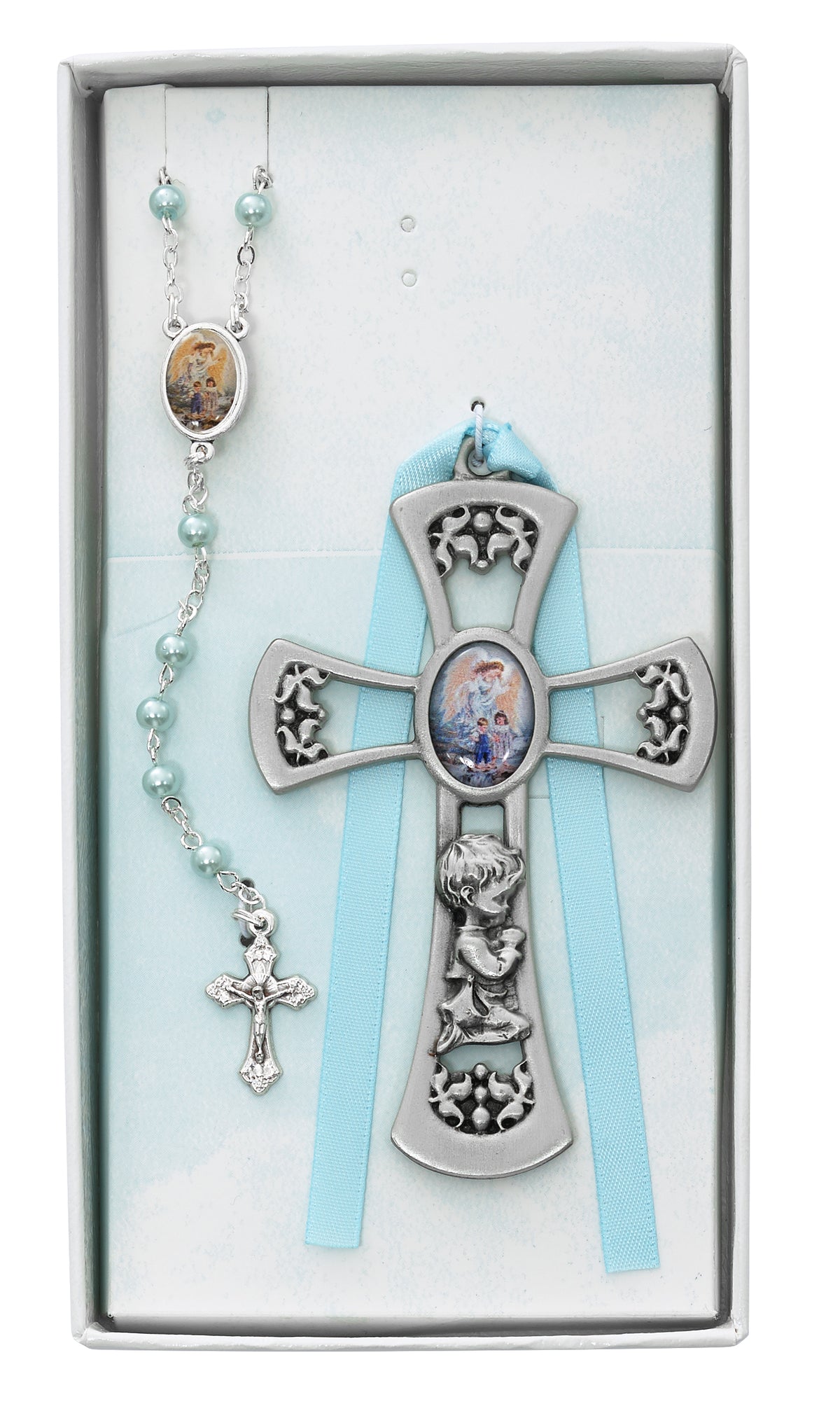 Guardian Angel Pewter Boys Crib Cross & Rosary Gift Set