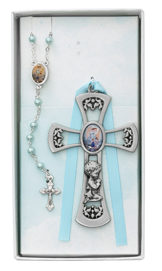 Guardian Angel Pewter Boys Crib Cross & Rosary Gift Set