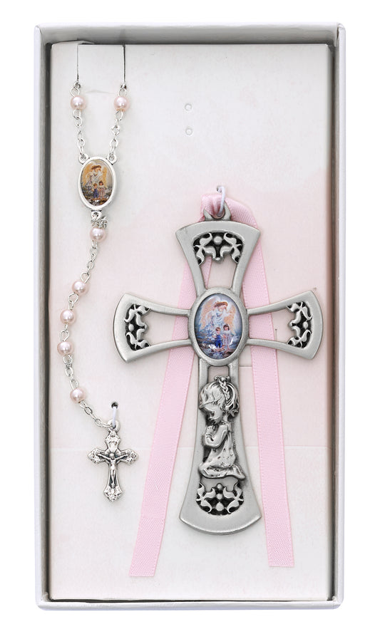 Guardian Angel Pewter Girls Crib Cross & Rosary Gift Set