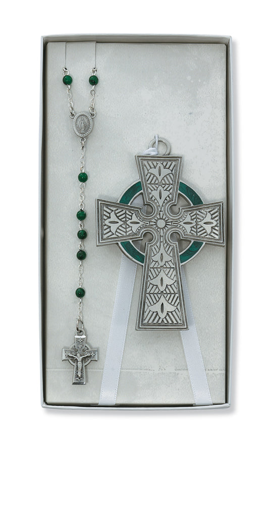 Celtic Pewter Unisex Crib Cross & Rosary Gift Set