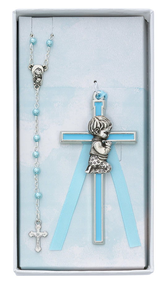 Praying Child Pewter Boys Blue Crib Cross & Rosary Gift Set