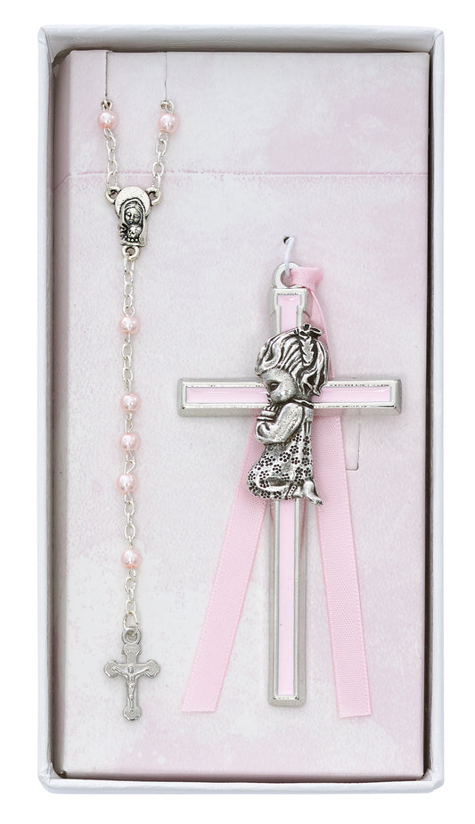 Praying Child Pewter Girls Pink Crib Cross & Rosary Gift Set