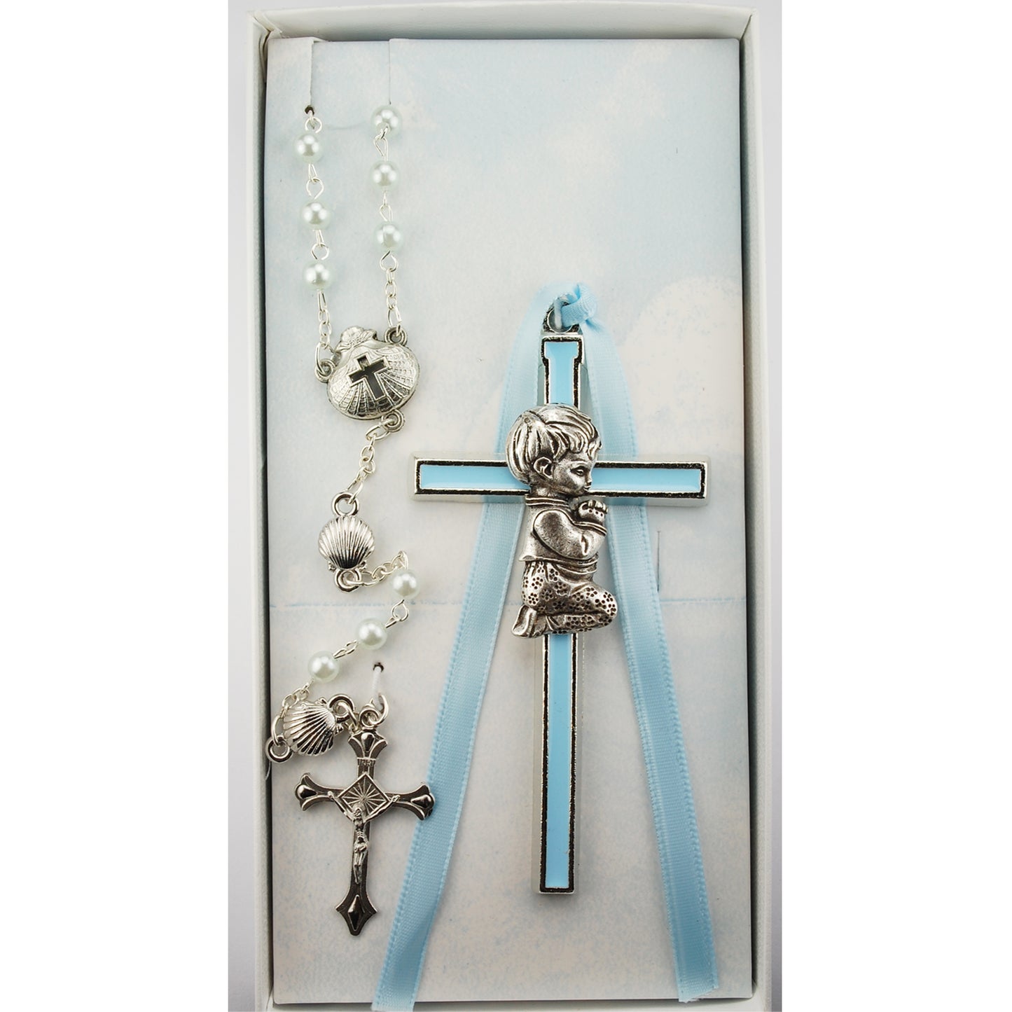 Praying Child Pewter Boys Blue Crib Cross & Shell Rosary Gift Set