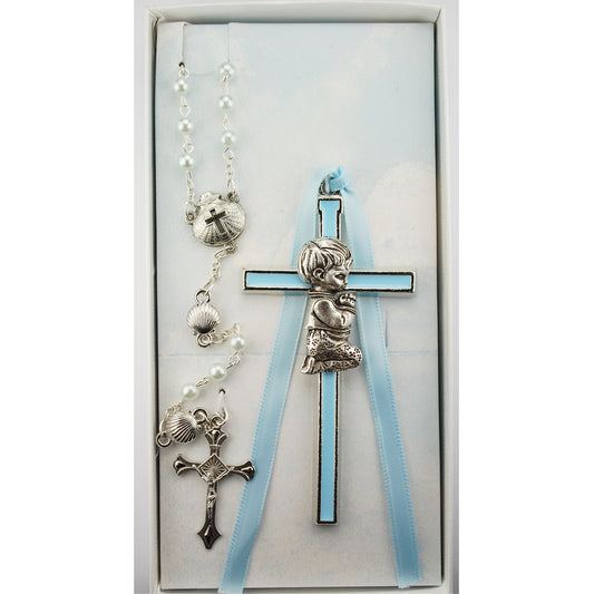 Praying Child Pewter Boys Blue Crib Cross & Shell Rosary Gift Set