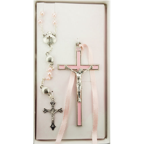 Pink Crucifix Pewter Girls Crib Cross & Rosary Gift Set