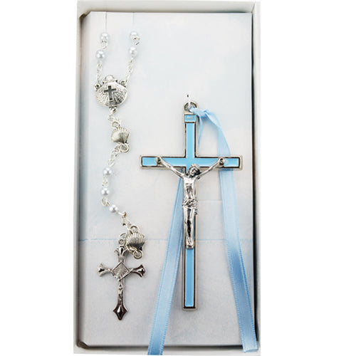 Blue Crucifix Pewter Boys Crib Cross & Rosary Gift Set