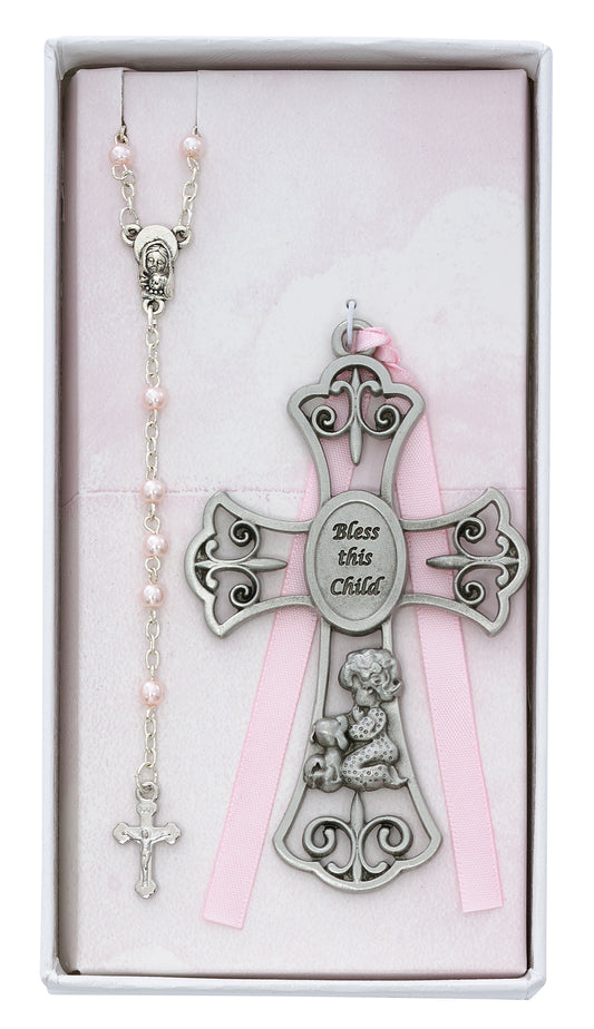 Bless This Child Pewter Girls Crib Cross & Rosary Gift Set