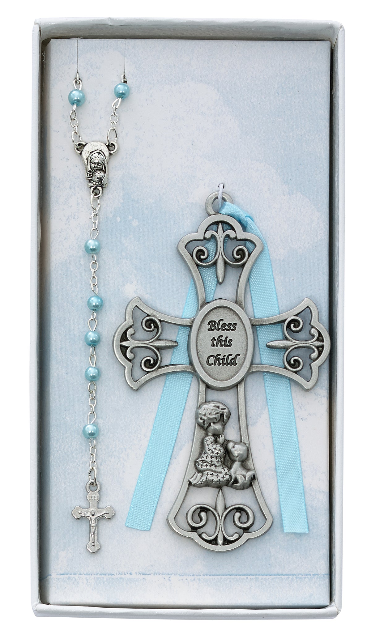Bless This Child Pewter Boys Crib Cross & Rosary Gift Set