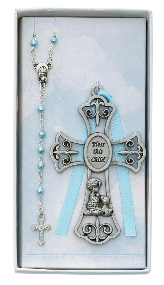 Bless This Child Pewter Boys Crib Cross & Rosary Gift Set