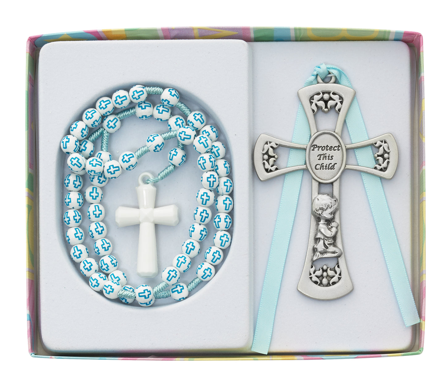 Protect This Child Pewter Boys Crib Cross & Rosary Gift Set