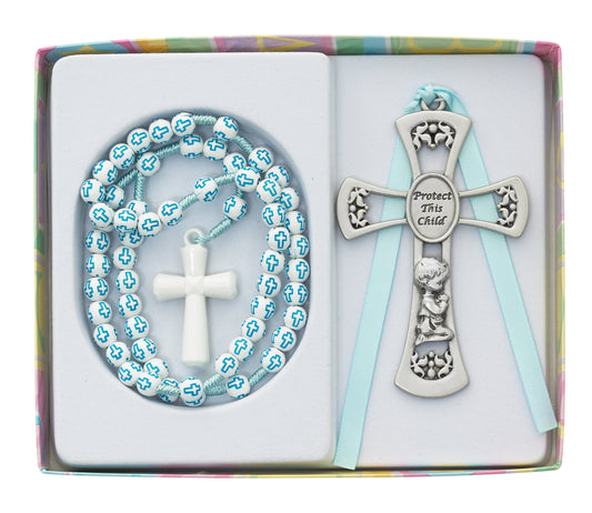 Protect This Child Pewter Boys Crib Cross & Rosary Gift Set