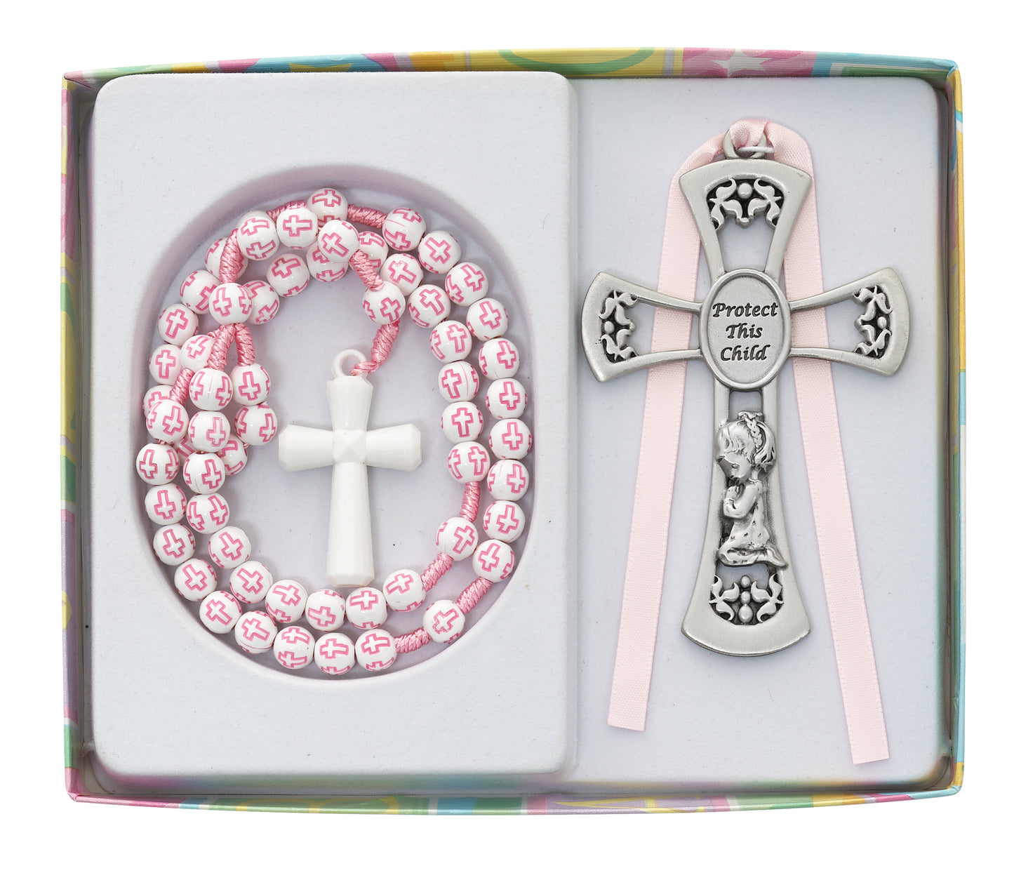 Protect This Child Pewter Girls Crib Cross & Rosary Gift Set