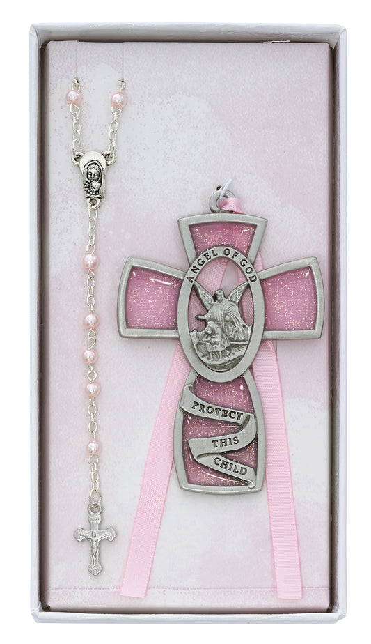 Guardian Angel Pewter Girls Crib Cross & Pearl Rosary Gift Set