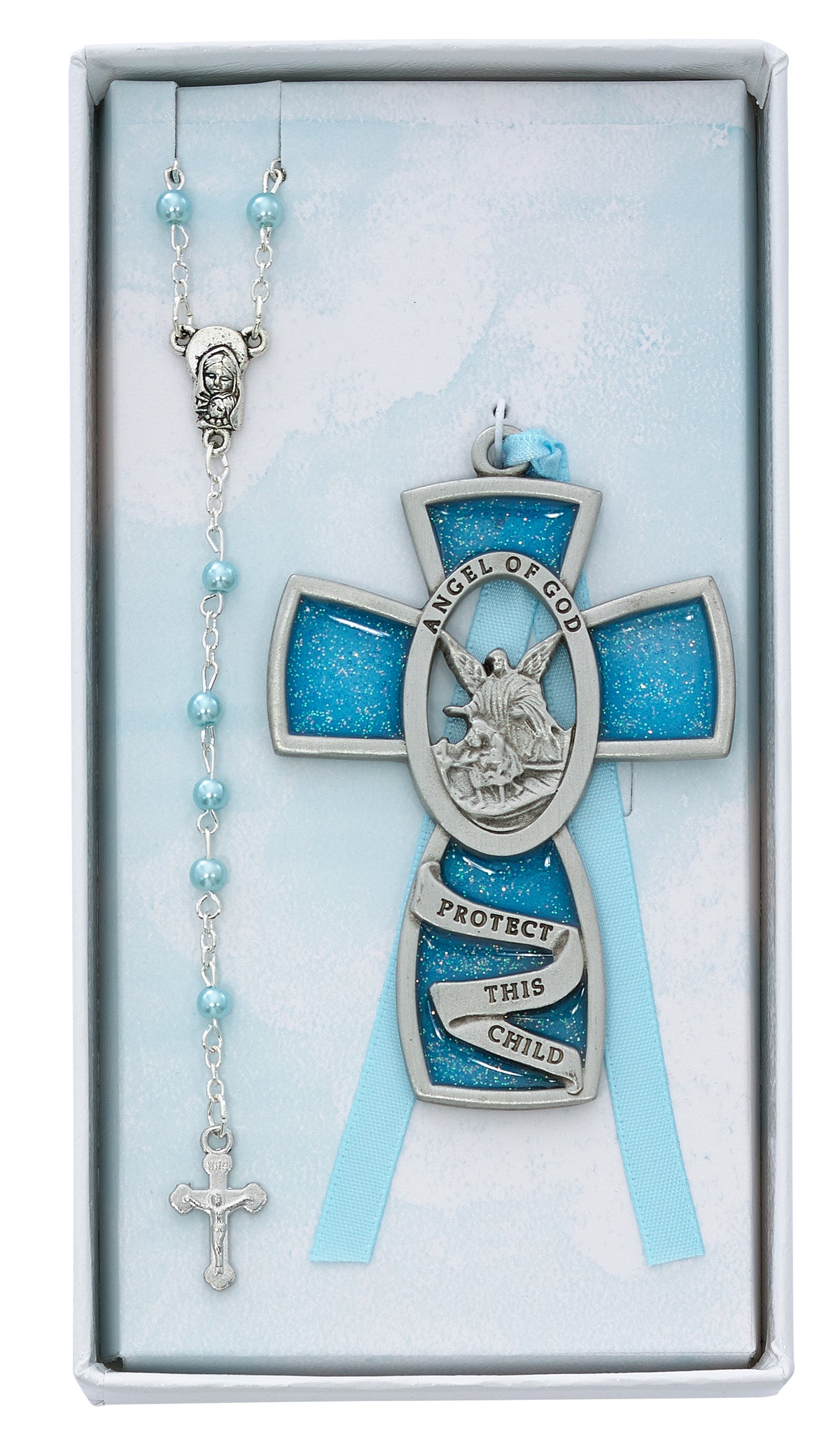 Guardian Angel Pewter Boys Crib Cross & Pearl Rosary Gift Set