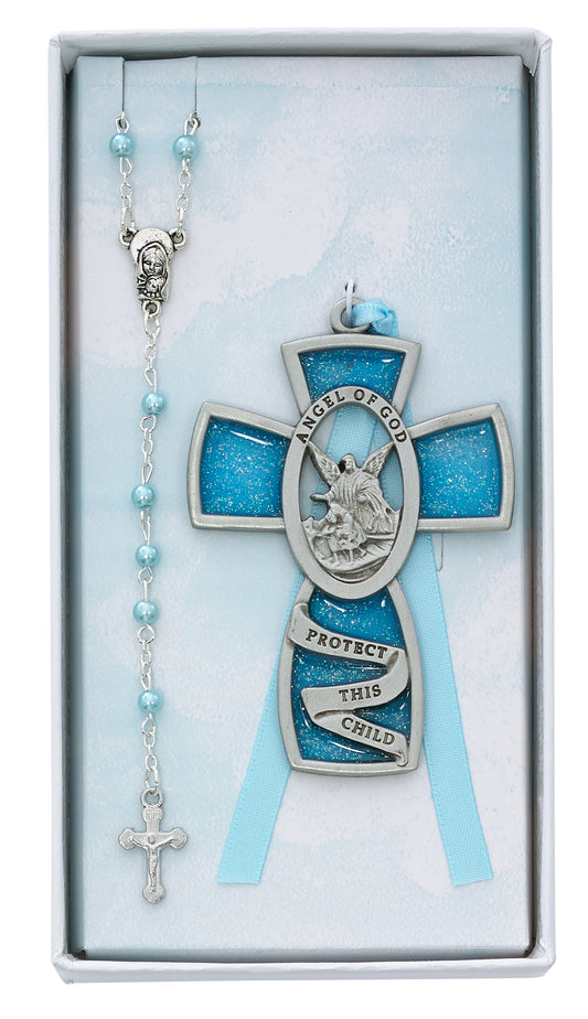 Guardian Angel Pewter Boys Crib Cross & Pearl Rosary Gift Set