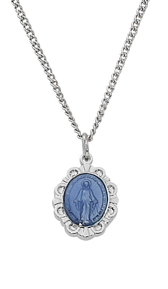 Baby Scalloped Blue Miraculous Medal Necklace - Sterling Silver