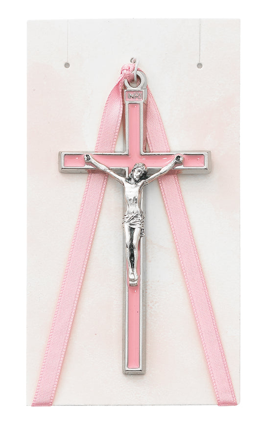 Baby Pink Enamel Wall Crucifix - Carded