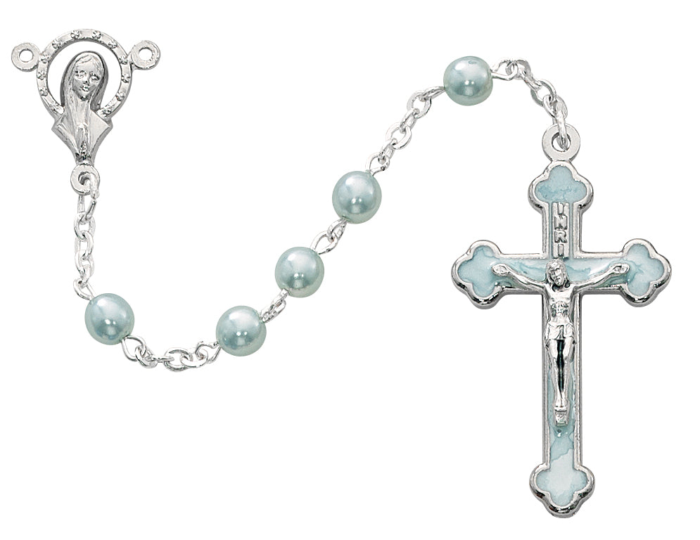 Baby Blue Silver Oxide Virgin Mary Rosary - 5mm