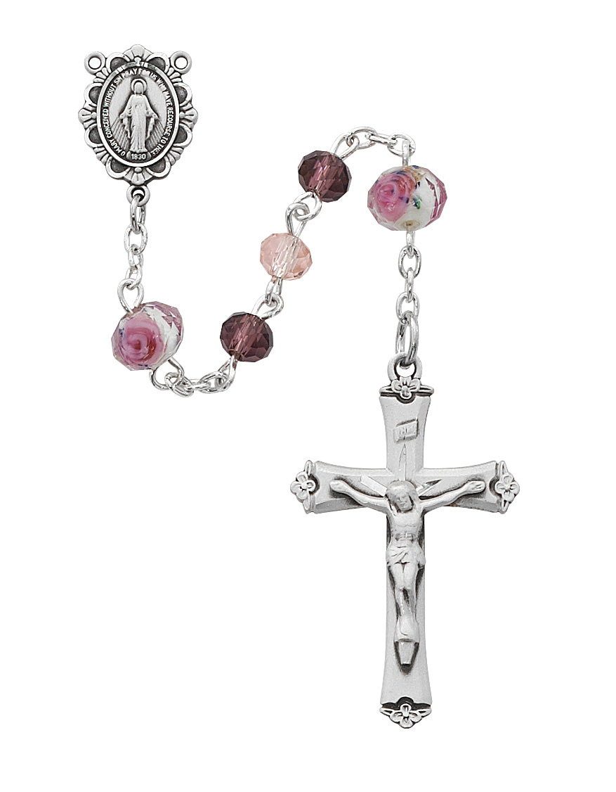 Pink Multi Tin Cut Crystal Rosary  (R581RF)