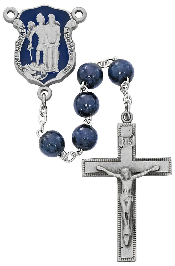 Blue Wood St. Michael Badge Rosary