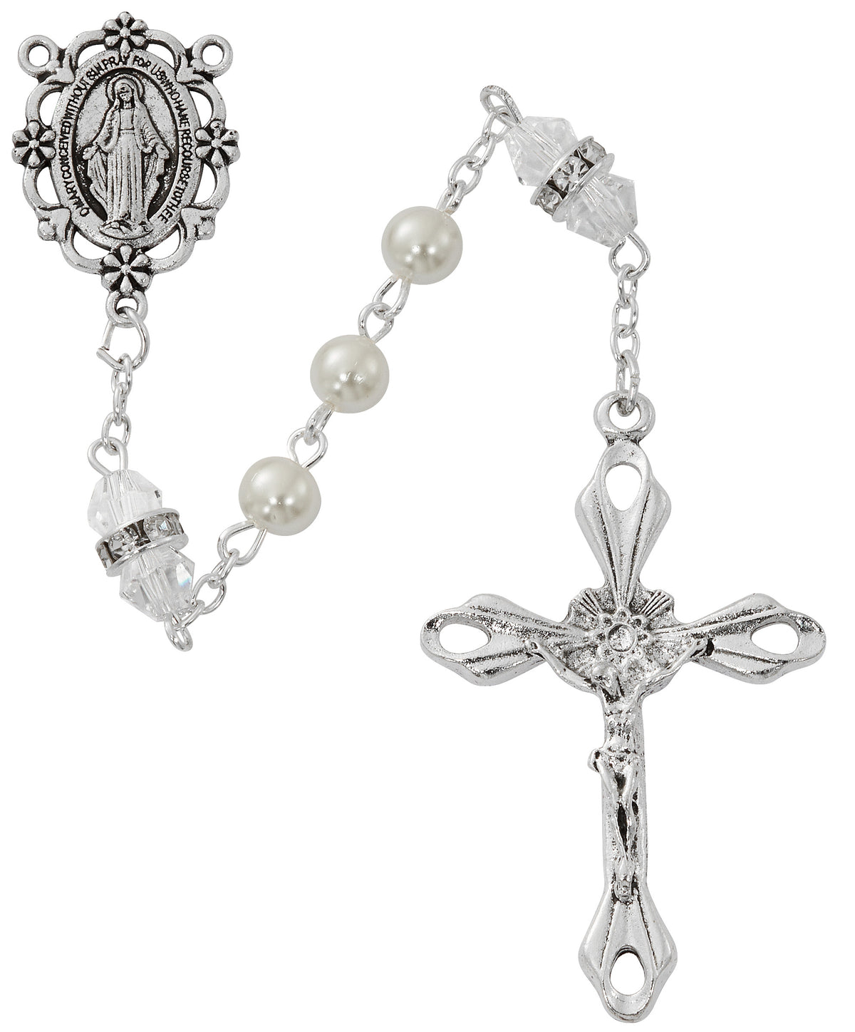 Pearl and Crystal Rosary With Zinc Center and Crucifixed