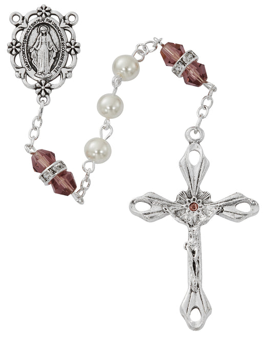 Pearl and Dark Amethyst Rosary With Zinc Center and Crucifixed