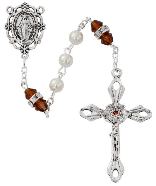 Pearl and Topaz Rosary With Zinc Center and Crucifixed