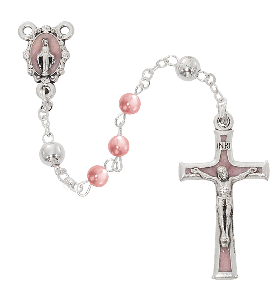 Baby Pink Silver Oxide Virgin Mary Rosary - 4mm Pearl