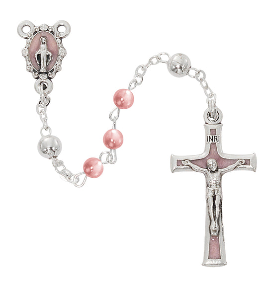 Baby Pink Silver Oxide Virgin Mary Rosary - 4mm Pearl